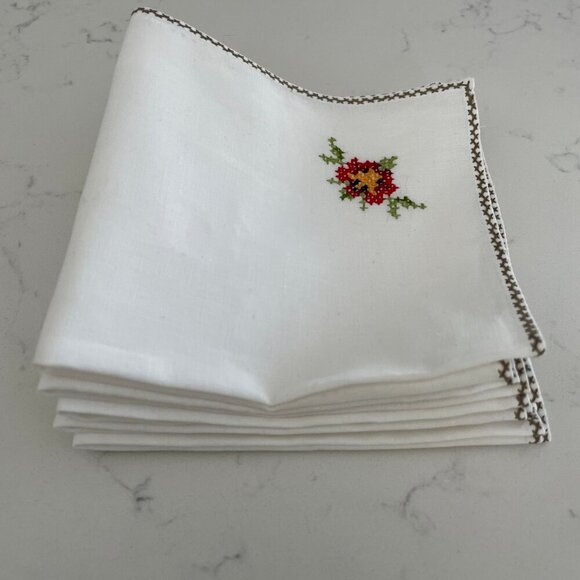 Hand Crafted Set of Six 10" Napkins Cross Stitch Floral Print Cream Green Sz OS - Picture 7 of 7
